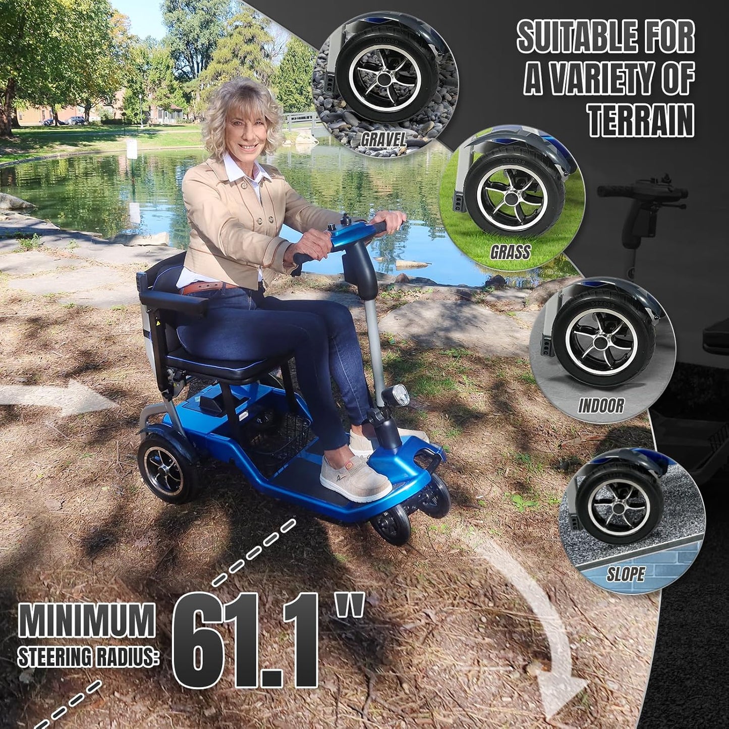 R3B-Mobility Scooters for Seniors Adults Ultra Lightweight Electric Powered Folding Mobility Scooter with Wide Seat Headlight Cup Holder, Compact & Convenient for Travel Airline Approved, Blue