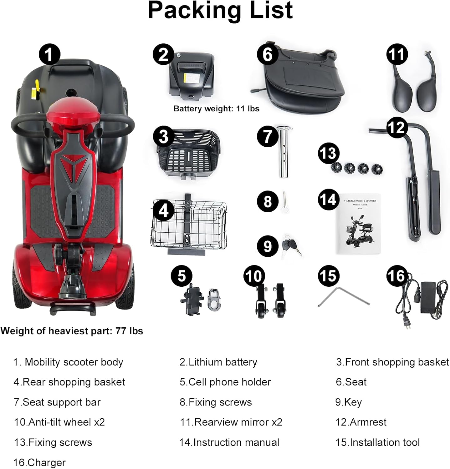 30 Miles Long Range 4 Wheel Electric Mobility Scooter, Foldable Travel Mobility Scooter for Adults, All Terrain Electric Scooter with Seat for Elderly, 6.2Mph (RED, 30MILES)