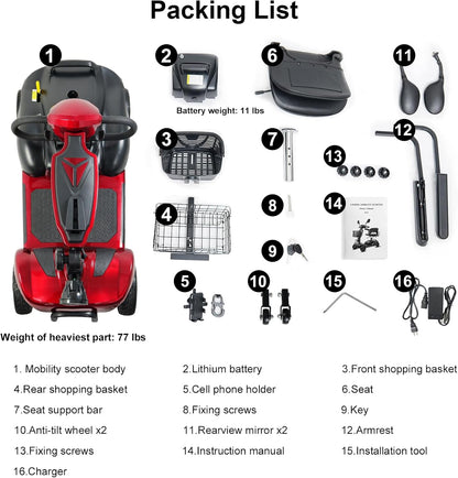 30 Miles Long Range 4 Wheel Electric Mobility Scooter, Foldable Travel Mobility Scooter for Adults, All Terrain Electric Scooter with Seat for Elderly, 6.2Mph (RED, 30MILES)