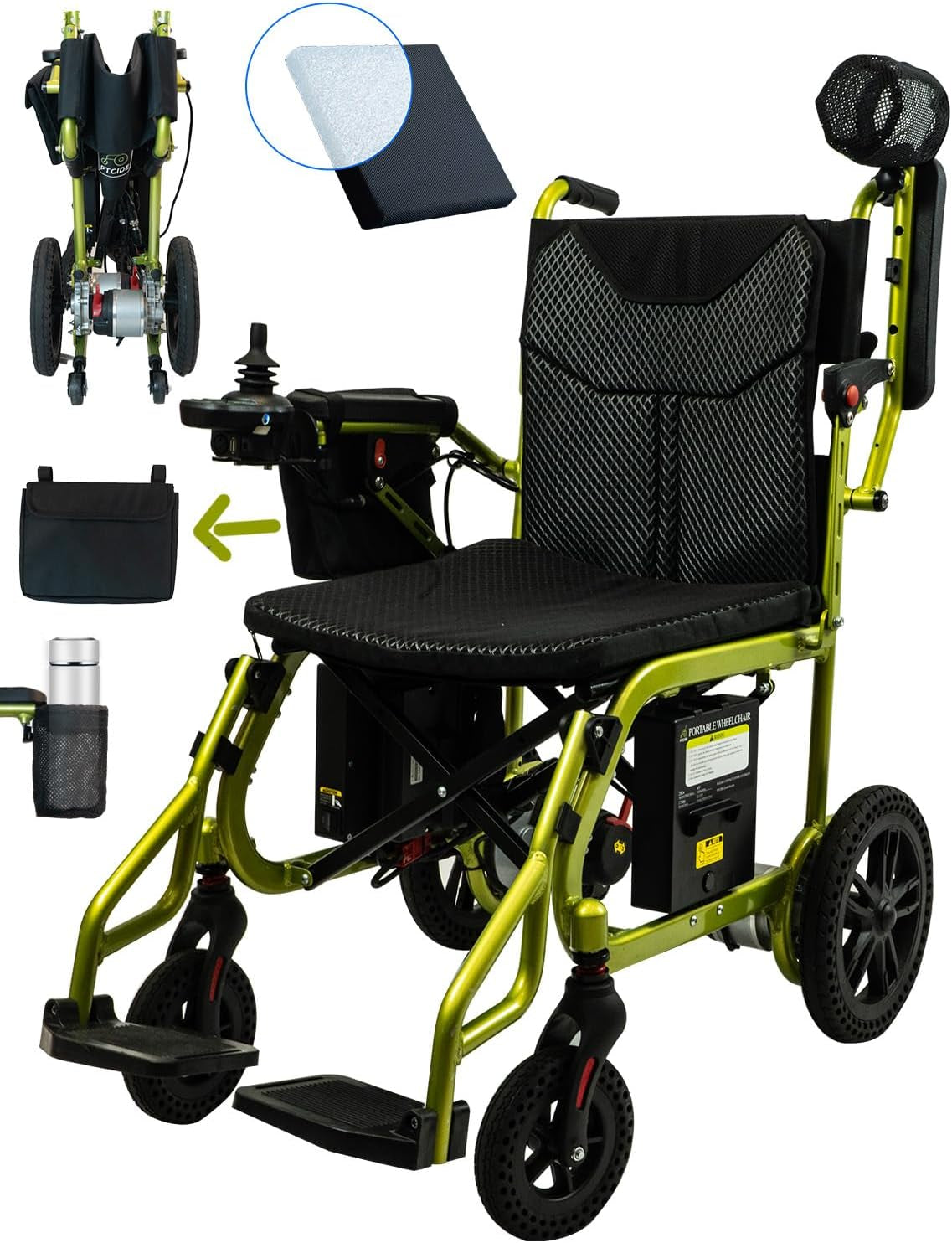 40 Miles Travel Range Lightweight Electric Wheelchair with Two 10Ah Batteries, Foldable & Portable Motorized Wheelchair with Cup Holder, Bag, Extra Air Fiber Cushion for Power Wheelchair, Green
