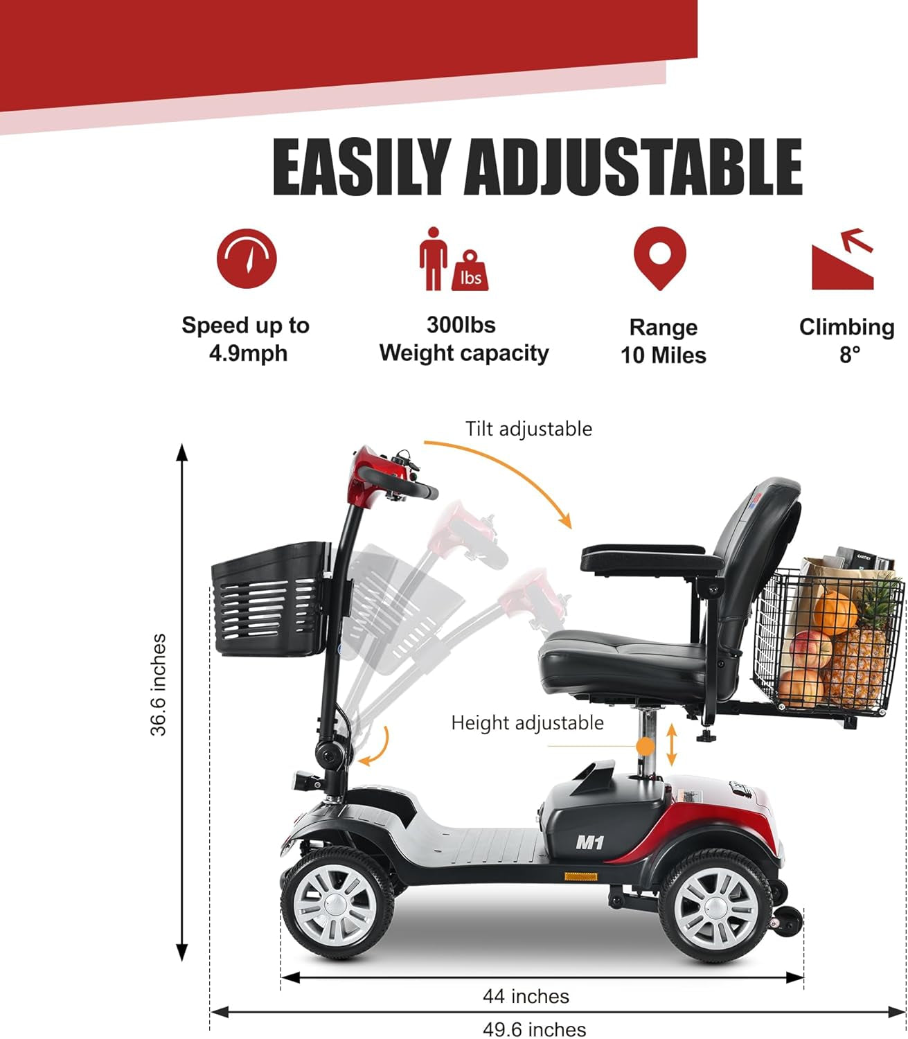 Scooters with Seat for Adults, Seniors, Travel, 4-Wheel Electric Powered Motorized Scooter, 2 Removable Batteries，W/Charge & Light-M1 Red