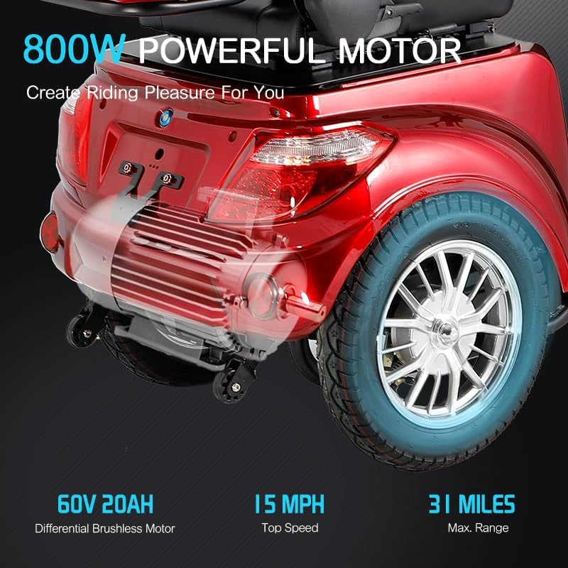Heavy Duty 4 Wheel Mobility Scooters for Seniors & Adults 500Lbs Capacity - Electric Powered Chair - 800W All Terrain Fast Mobility Scooter for Travel W/Long Range Battery Remote Key