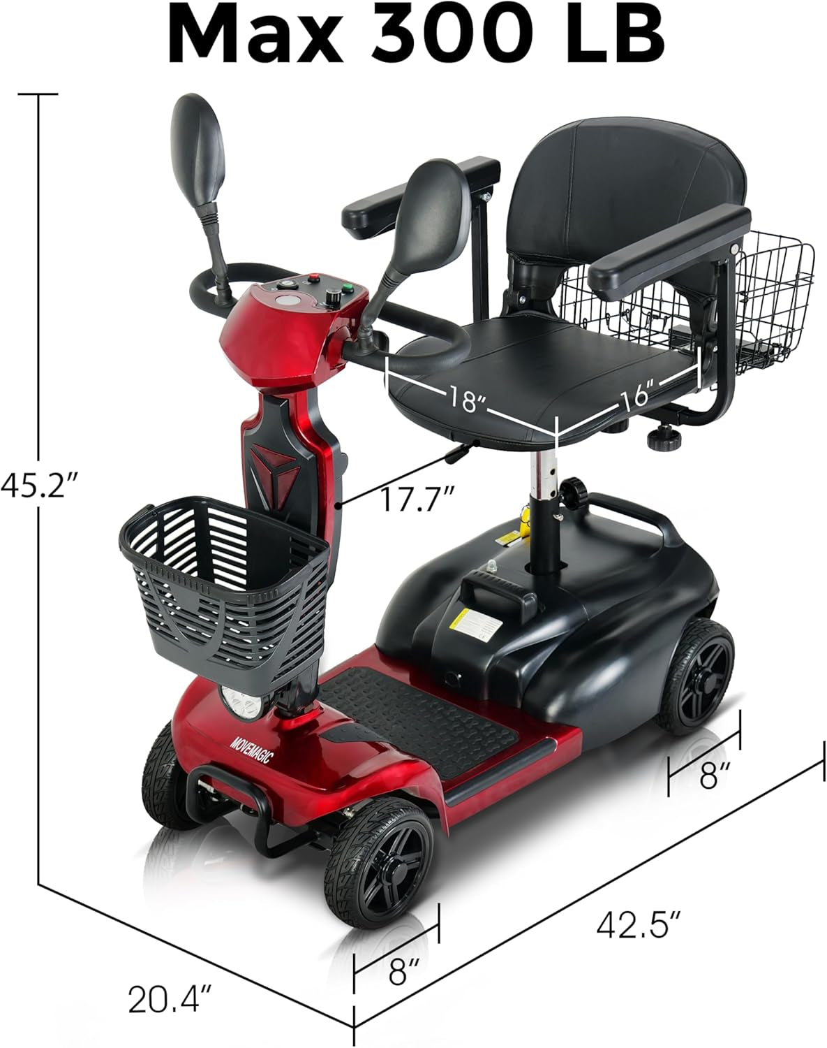30 Miles Long Range 4 Wheel Electric Mobility Scooter, Foldable Travel Mobility Scooter for Adults, All Terrain Electric Scooter with Seat for Elderly, 6.2Mph (RED, 30MILES)