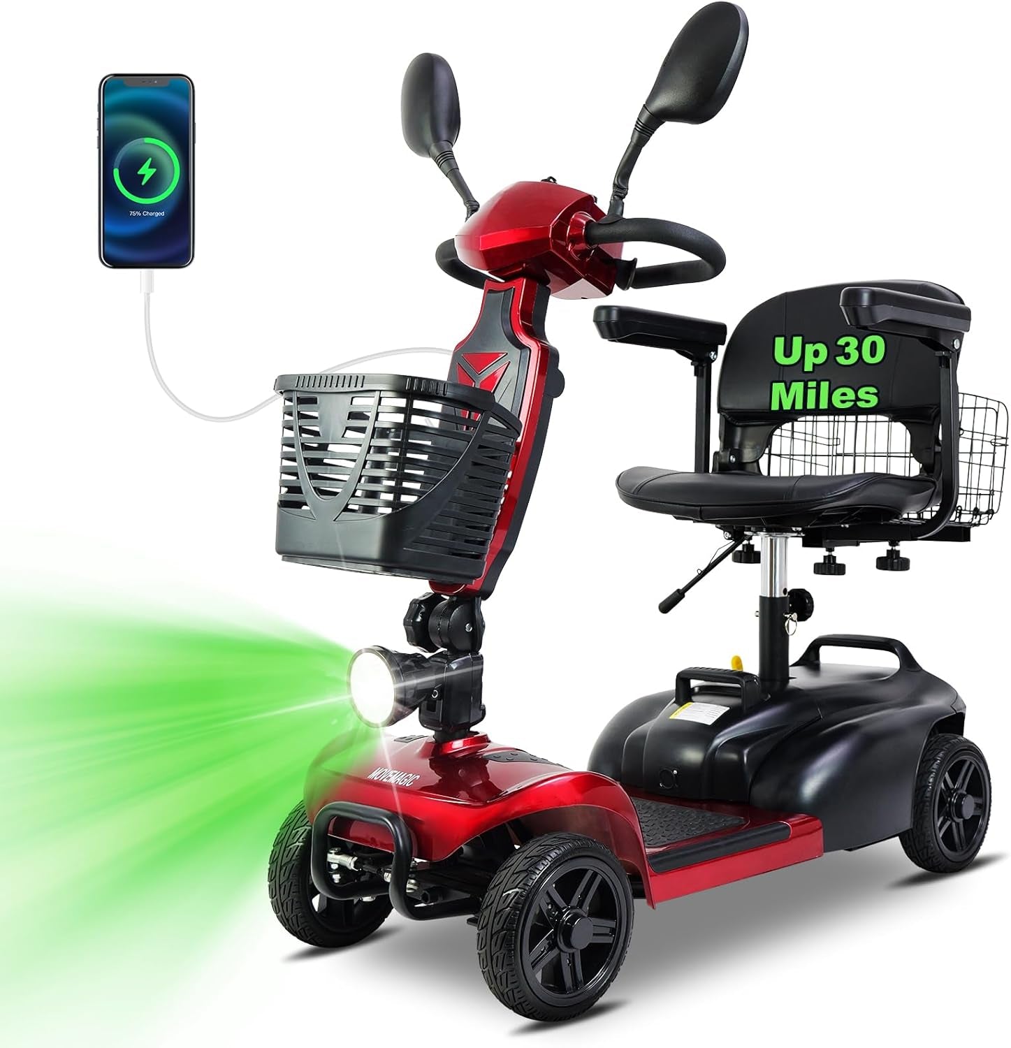 30 Miles Long Range 4 Wheel Electric Mobility Scooter, Foldable Travel Mobility Scooter for Adults, All Terrain Electric Scooter with Seat for Elderly, 6.2Mph (RED, 30MILES)