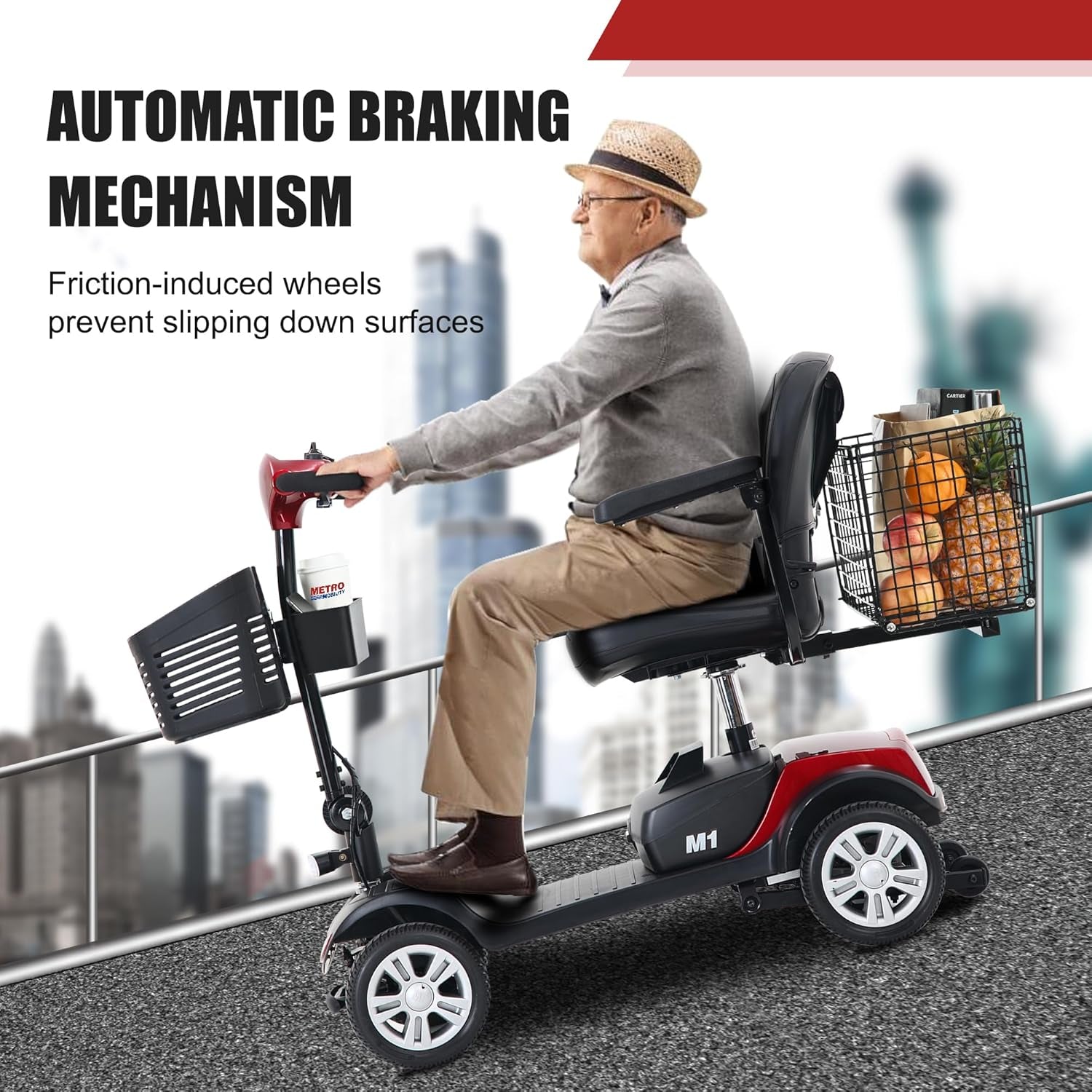 Scooters with Seat for Adults, Seniors, Travel, 4-Wheel Electric Powered Motorized Scooter, 2 Removable Batteries，W/Charge & Light-M1 Red