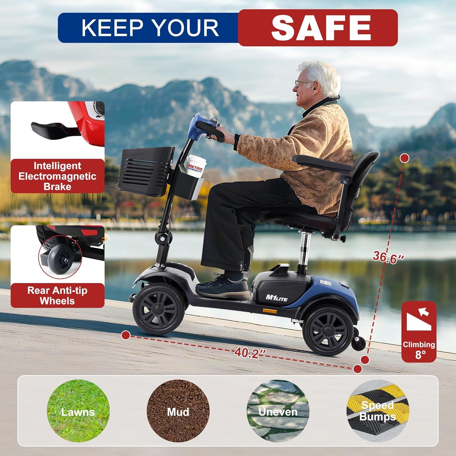 Mobility Scooters for Adults, 4 Wheel Powered Mobility Scooters, Electric Scooter for Seniors Folding Mobility Scooter Lightweight 10 Miles Long Travel Range Blue