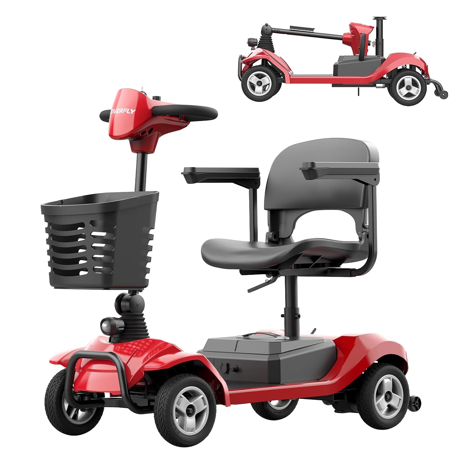T4 Mobility Scooter, 4-Wheel Mobility Scooter for Adults - 12.4 Miles Range, 3.7 Mph, Smart Safety Features, Removed Battery, Rotating Swivel Seat, Headlight, Basket, Charger Included Red