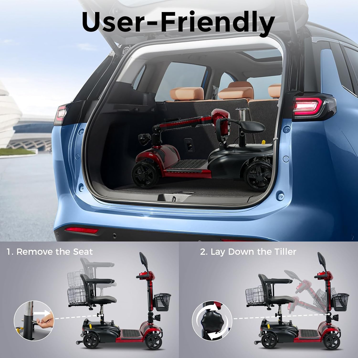 30 Miles Long Range 4 Wheel Electric Mobility Scooter, Foldable Travel Mobility Scooter for Adults, All Terrain Electric Scooter with Seat for Elderly, 6.2Mph (RED, 30MILES)