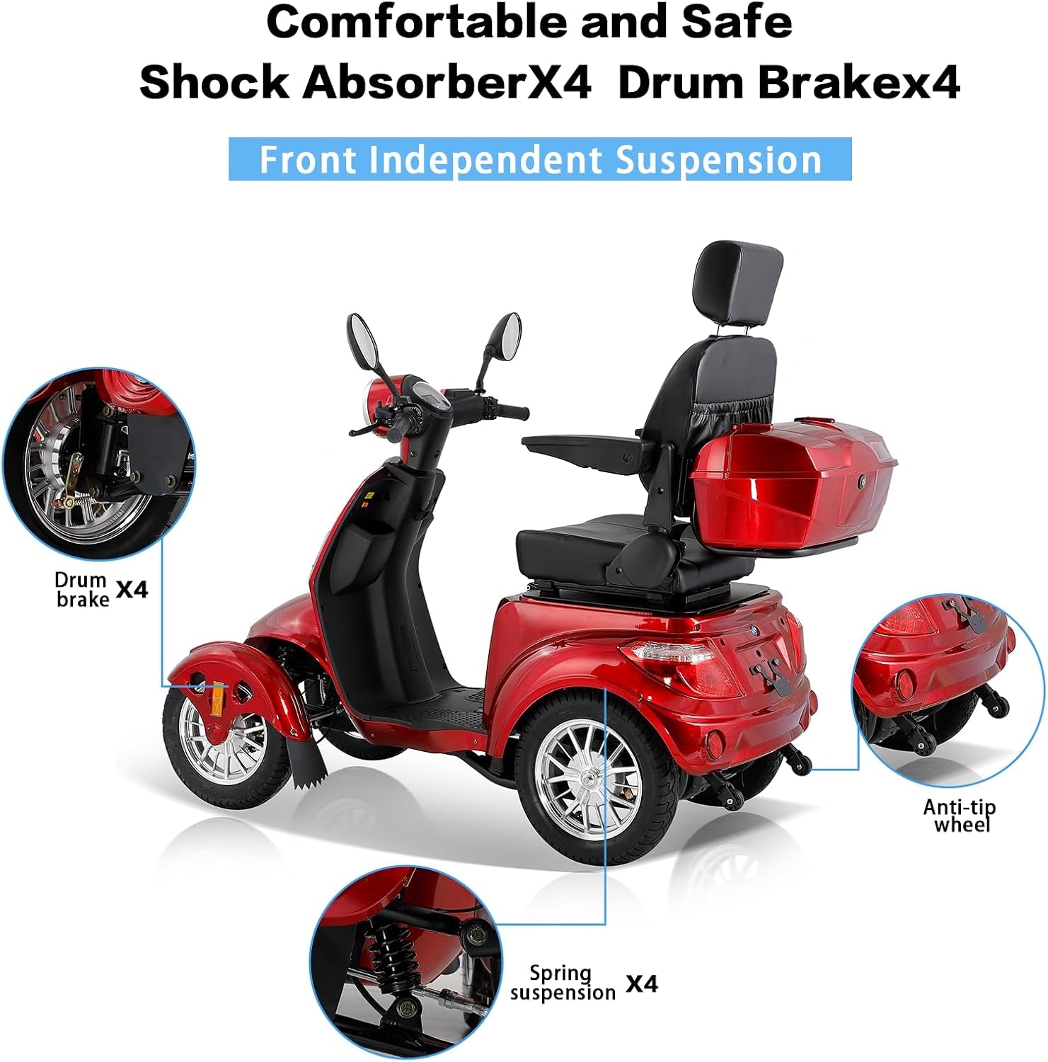 Heavy Duty 4 Wheel Mobility Scooters for Seniors & Adults 500Lbs Capacity - Electric Powered Chair - 800W All Terrain Fast Mobility Scooter for Travel W/Long Range Battery Remote Key