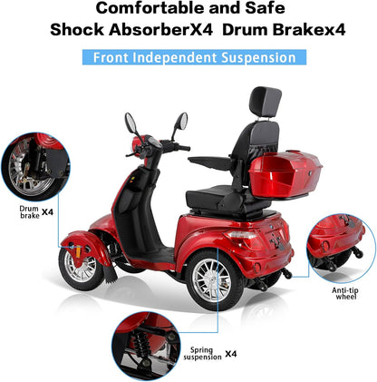 Heavy Duty 4 Wheel Mobility Scooters for Seniors & Adults 500Lbs Capacity - Electric Powered Chair - 800W All Terrain Fast Mobility Scooter for Travel W/Long Range Battery Remote Key