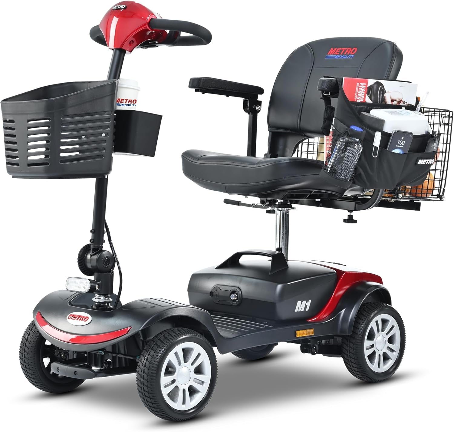 Scooters with Seat for Adults, Seniors, Travel, 4-Wheel Electric Powered Motorized Scooter, 2 Removable Batteries，W/Charge & Light-M1 Red