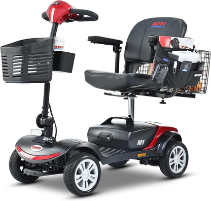Scooters with Seat for Adults, Seniors, Travel, 4-Wheel Electric Powered Motorized Scooter, 2 Removable Batteries，W/Charge & Light-M1 Red