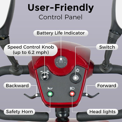 30 Miles Long Range 4 Wheel Electric Mobility Scooter, Foldable Travel Mobility Scooter for Adults, All Terrain Electric Scooter with Seat for Elderly, 6.2Mph (RED, 30MILES)