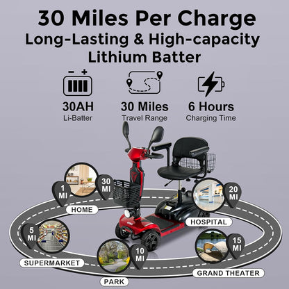 30 Miles Long Range 4 Wheel Electric Mobility Scooter, Foldable Travel Mobility Scooter for Adults, All Terrain Electric Scooter with Seat for Elderly, 6.2Mph (RED, 30MILES)