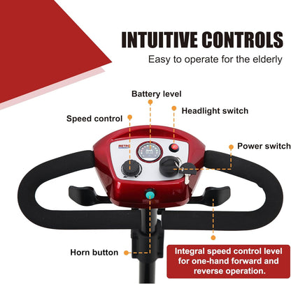Scooters with Seat for Adults, Seniors, Travel, 4-Wheel Electric Powered Motorized Scooter, 2 Removable Batteries，W/Charge & Light-M1 Red